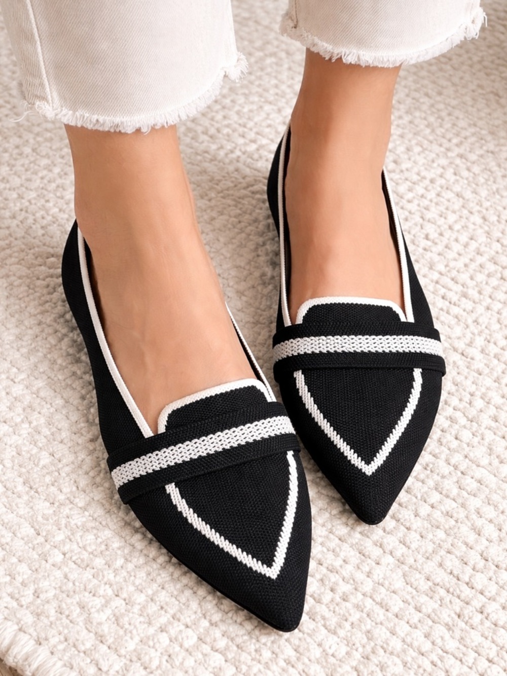 Spring Tahari Black & White Pointed Knit Slip-On Loafers